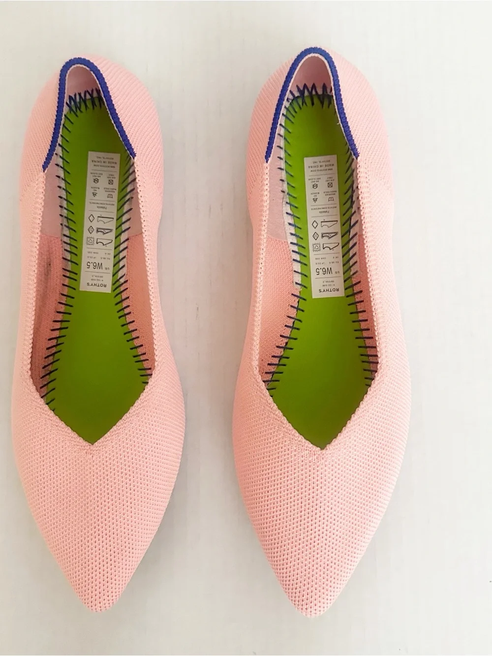 Rothy's Point ll Coral (Carnation) Pointed Knit Slip-Ons with Blue Heel Trim